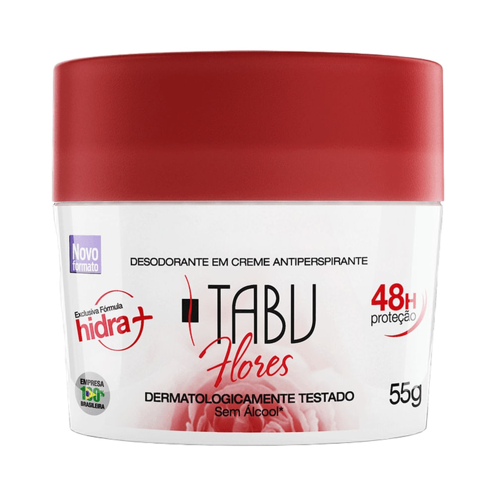 Desodorante creme Tabu Flores embalagem 55g com tampa vermelha